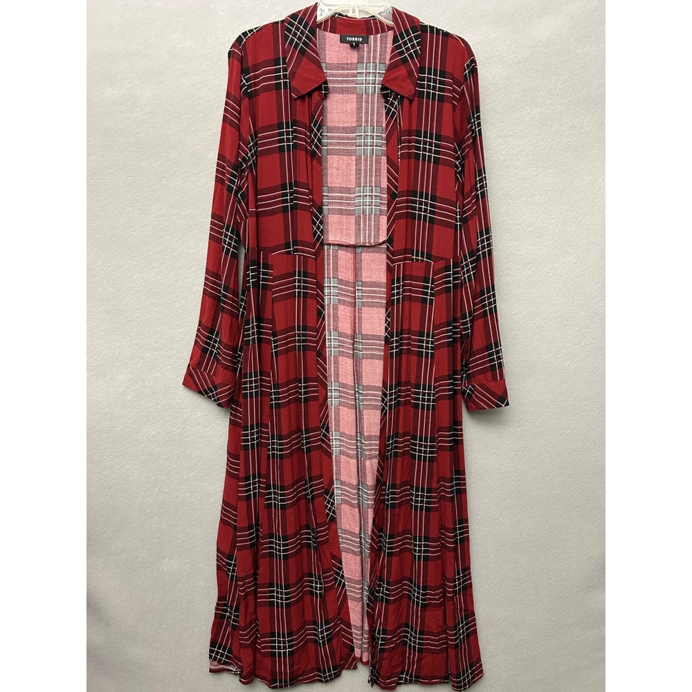 Torrid Kimono Duster Women's 2X Plaid Red Long Sleeve Festive Grunge Punk Rock
